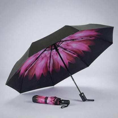 Automatic folding travel umbrella featuring wind-resistant fiberglass ribs, designed for lightweight portability and compact storage, perfect for on-the-go protection from rain and wind. 12