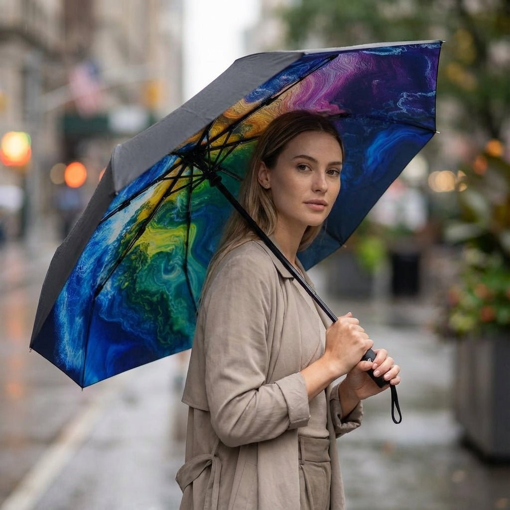 Automatic folding travel umbrella featuring wind-resistant fiberglass ribs, designed for lightweight portability and compact storage, perfect for on-the-go protection from rain and wind. 1
