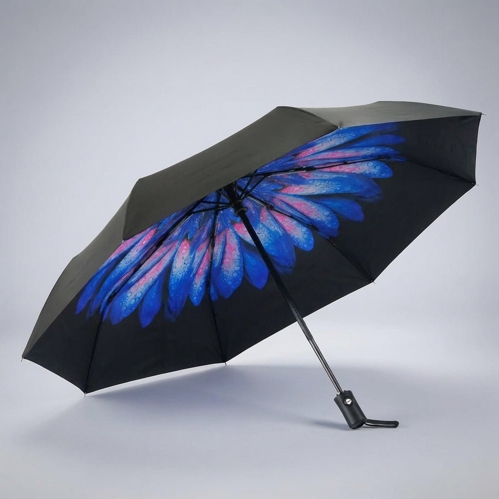 Automatic folding travel umbrella featuring wind-resistant fiberglass ribs, designed for lightweight portability and compact storage, perfect for on-the-go protection from rain and wind. 7