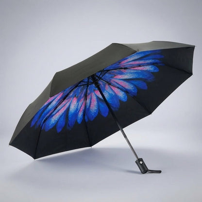 Automatic folding travel umbrella featuring wind-resistant fiberglass ribs, designed for lightweight portability and compact storage, perfect for on-the-go protection from rain and wind. 7