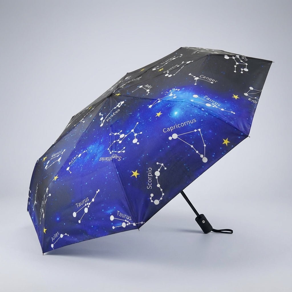 Automatic folding travel umbrella featuring wind-resistant fiberglass ribs, designed for lightweight portability and compact storage, perfect for on-the-go protection from rain and wind. 9
