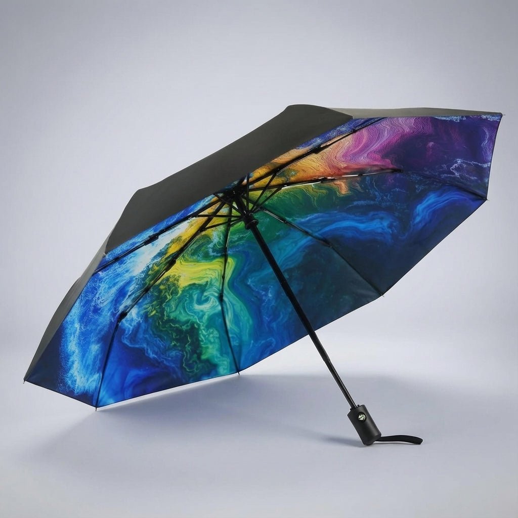 Automatic folding travel umbrella featuring wind-resistant fiberglass ribs, designed for lightweight portability and compact storage, perfect for on-the-go protection from rain and wind. 5