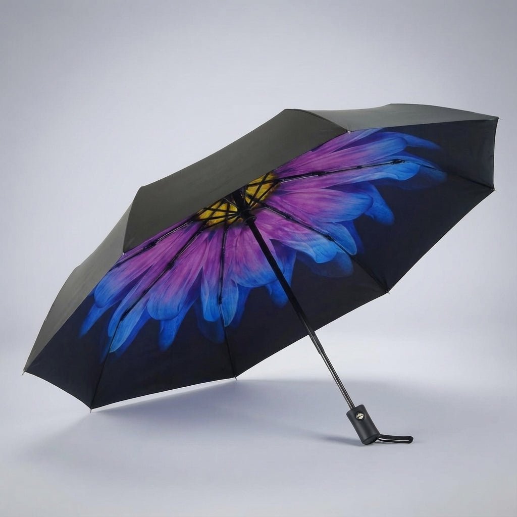 Automatic folding travel umbrella featuring wind-resistant fiberglass ribs, designed for lightweight portability and compact storage, perfect for on-the-go protection from rain and wind. 8