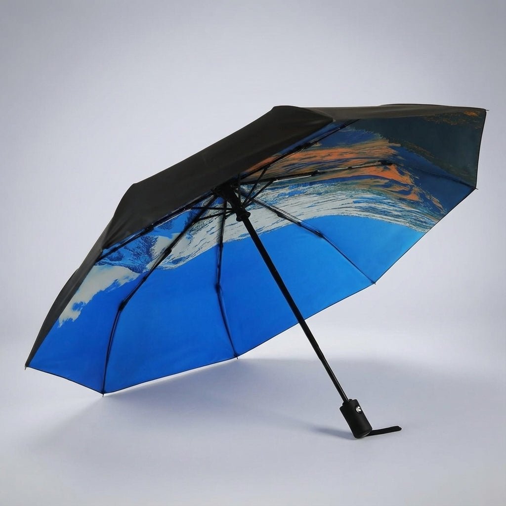 Automatic folding travel umbrella featuring wind-resistant fiberglass ribs, designed for lightweight portability and compact storage, perfect for on-the-go protection from rain and wind. 4