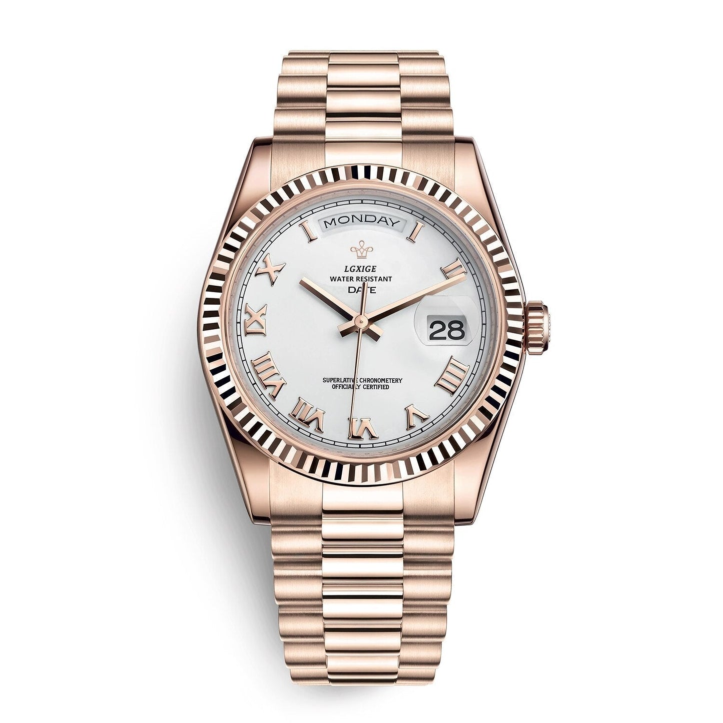Automatic men's watch featuring a sleek stainless steel case, scratch-resistant glass, and a day and date display for modern functionality. 2