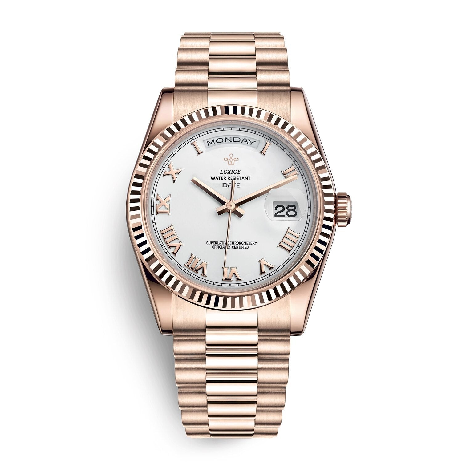 Automatic men's watch featuring a sleek stainless steel case, scratch-resistant glass, and a day and date display for modern functionality. 2