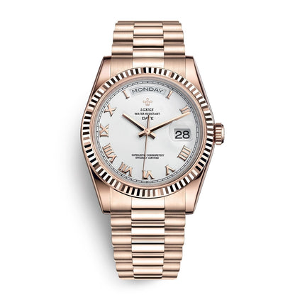 Automatic men's watch featuring a sleek stainless steel case, scratch-resistant glass, and a day and date display for modern functionality. 2