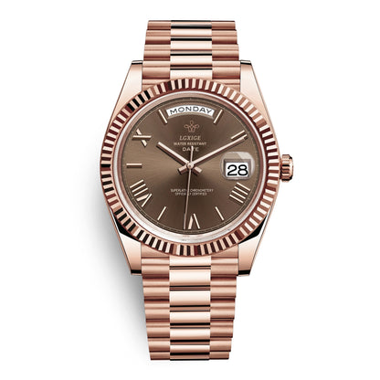 Automatic men's watch featuring a sleek stainless steel case, scratch-resistant glass, and a day and date display for modern functionality. 3