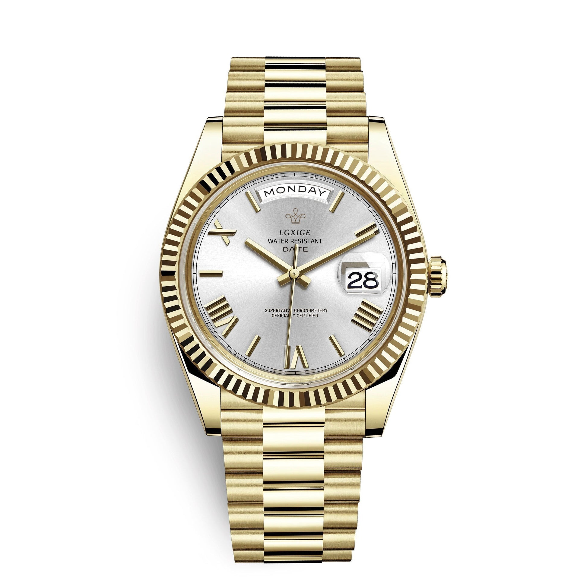 Automatic men's watch featuring a sleek stainless steel case, scratch-resistant glass, and a day and date display for modern functionality. 12