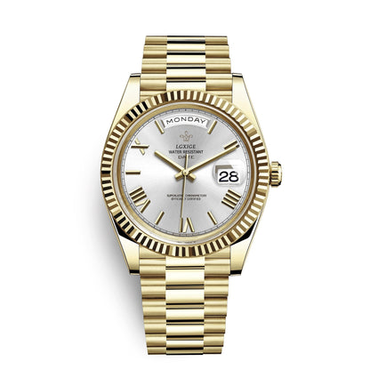 Automatic men's watch featuring a sleek stainless steel case, scratch-resistant glass, and a day and date display for modern functionality. 12