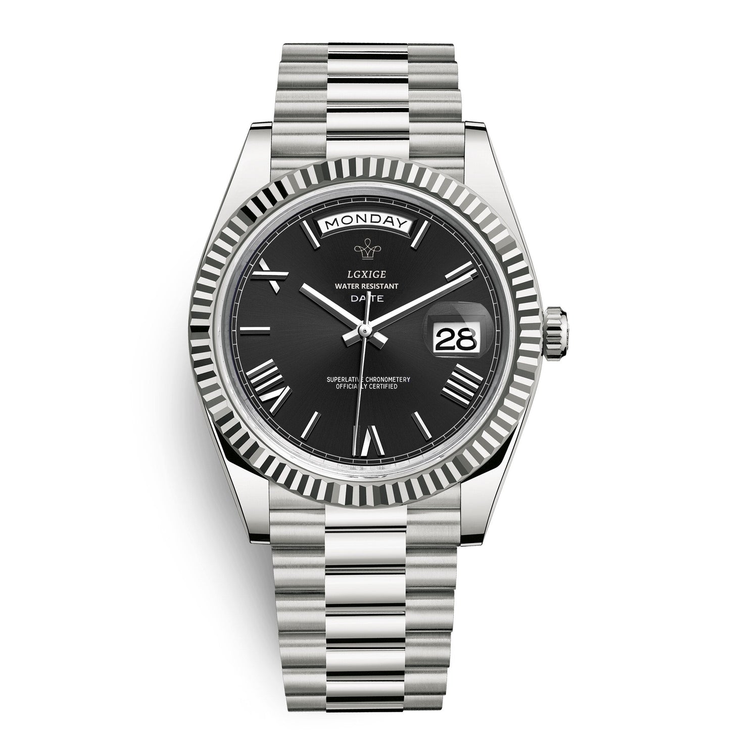 Automatic men's watch featuring a sleek stainless steel case, scratch-resistant glass, and a day and date display for modern functionality. 10