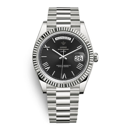 Automatic men's watch featuring a sleek stainless steel case, scratch-resistant glass, and a day and date display for modern functionality. 10