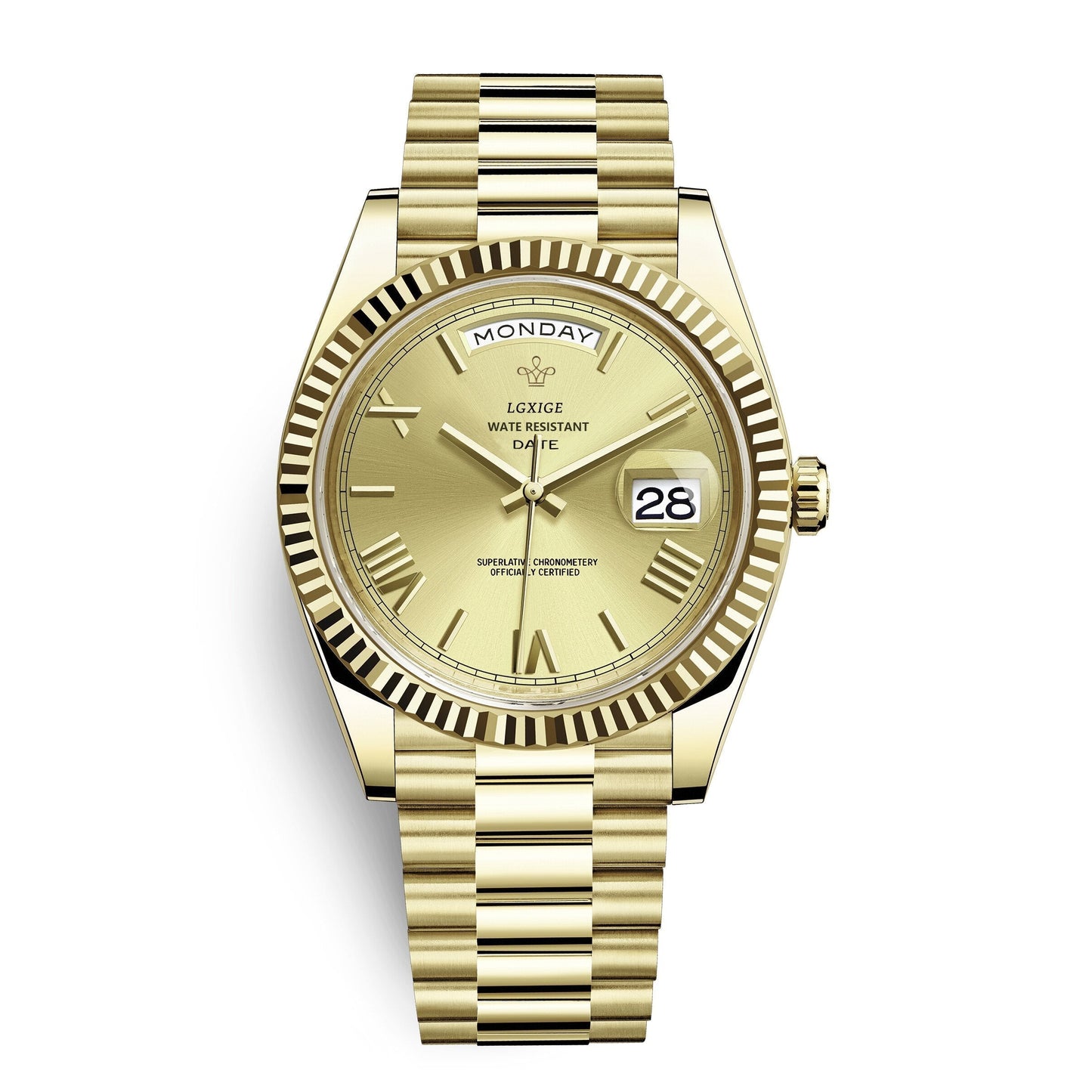 Automatic men's watch featuring a sleek stainless steel case, scratch-resistant glass, and a day and date display for modern functionality. 6