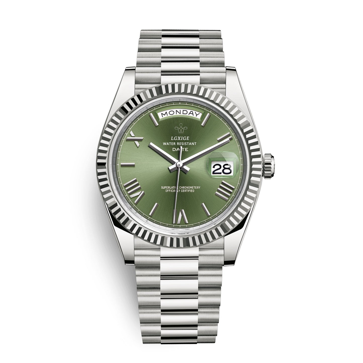 Automatic men's watch featuring a sleek stainless steel case, scratch-resistant glass, and a day and date display for modern functionality. 9