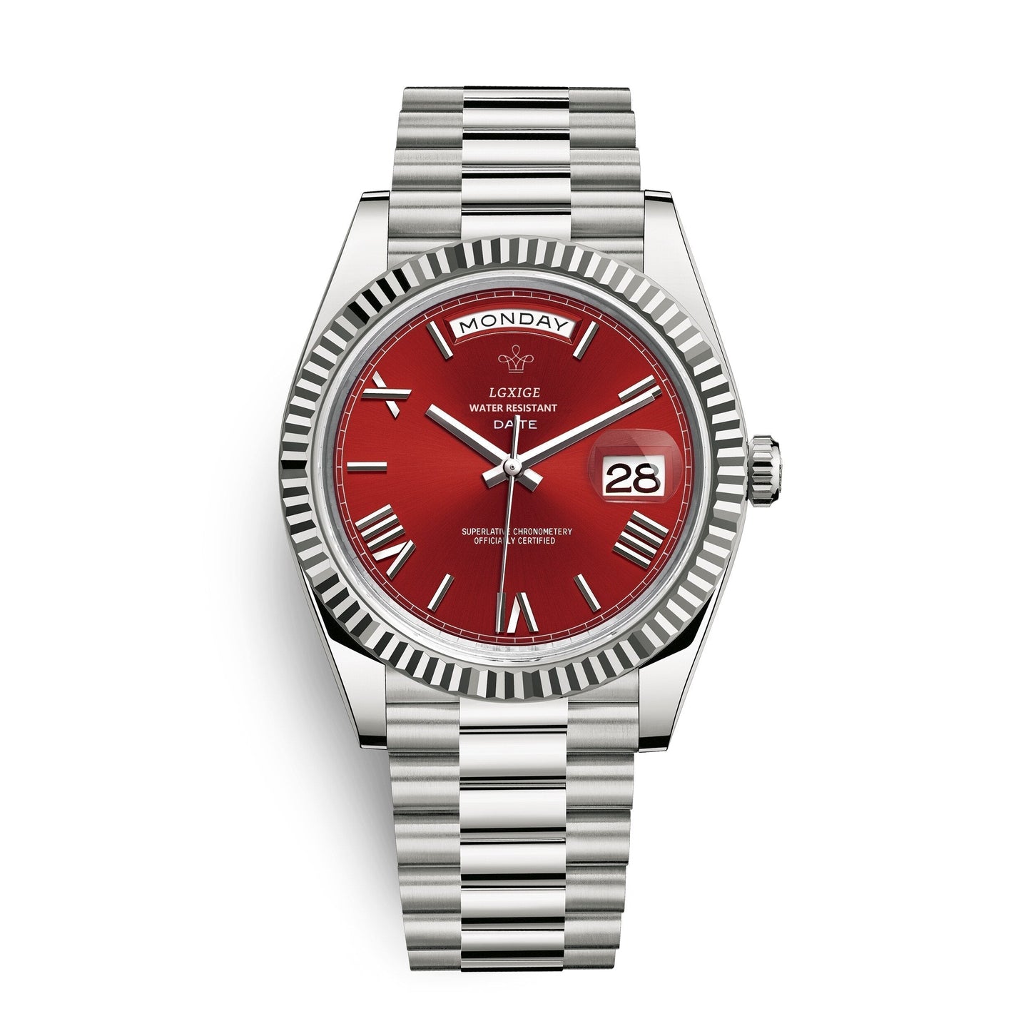 Automatic men's watch featuring a sleek stainless steel case, scratch-resistant glass, and a day and date display for modern functionality. 7