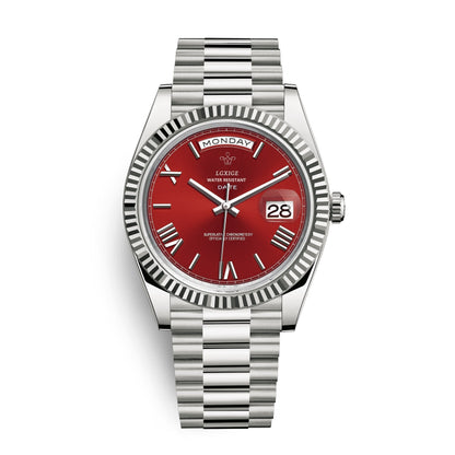 Automatic men's watch featuring a sleek stainless steel case, scratch-resistant glass, and a day and date display for modern functionality. 7