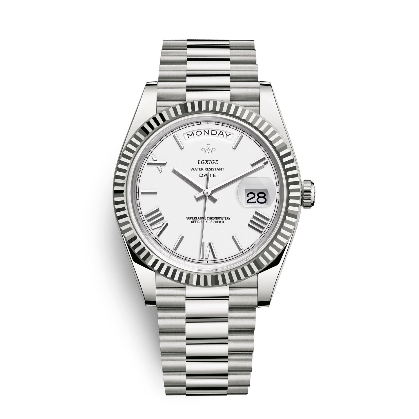 Automatic men's watch featuring a sleek stainless steel case, scratch-resistant glass, and a day and date display for modern functionality. 8