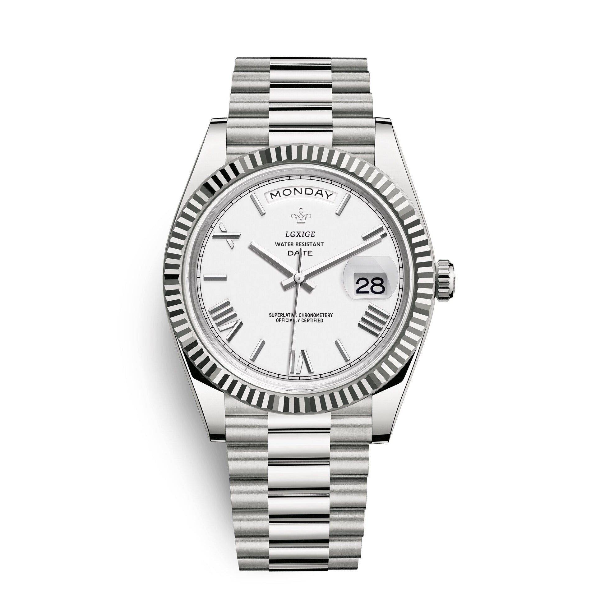 Automatic men's watch featuring a sleek stainless steel case, scratch-resistant glass, and a day and date display for modern functionality. 8