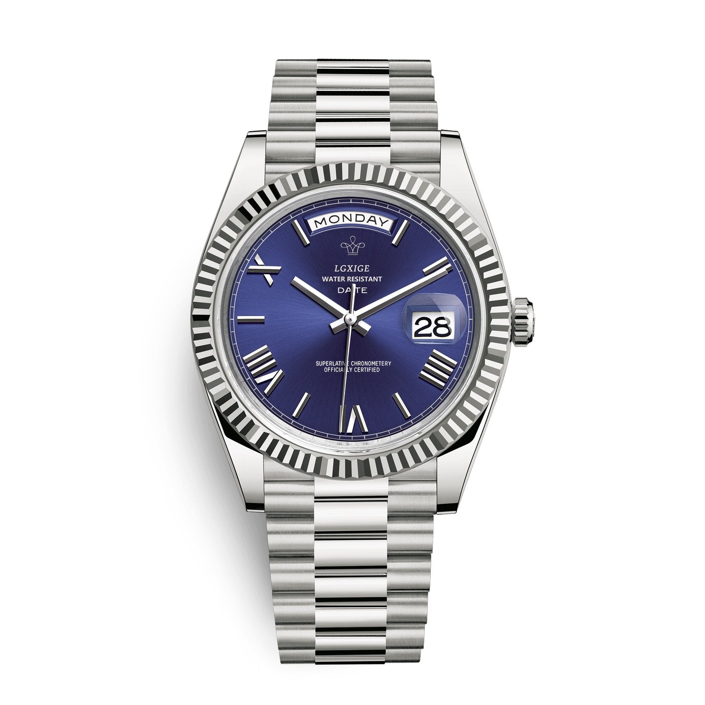 Automatic men's watch featuring a sleek stainless steel case, scratch-resistant glass, and a day and date display for modern functionality. 1