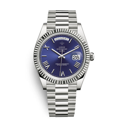 Automatic men's watch featuring a sleek stainless steel case, scratch-resistant glass, and a day and date display for modern functionality. 1