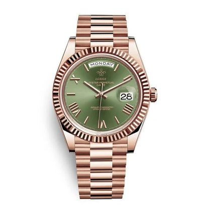 Automatic men's watch featuring a sleek stainless steel case, scratch-resistant glass, and a day and date display for modern functionality. 11