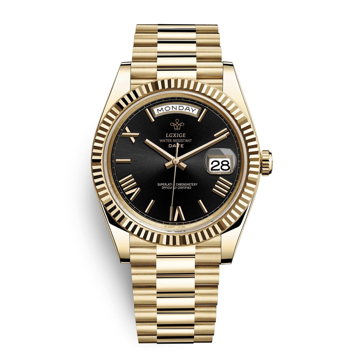 Automatic men's watch featuring a sleek stainless steel case, scratch-resistant glass, and a day and date display for modern functionality. 5