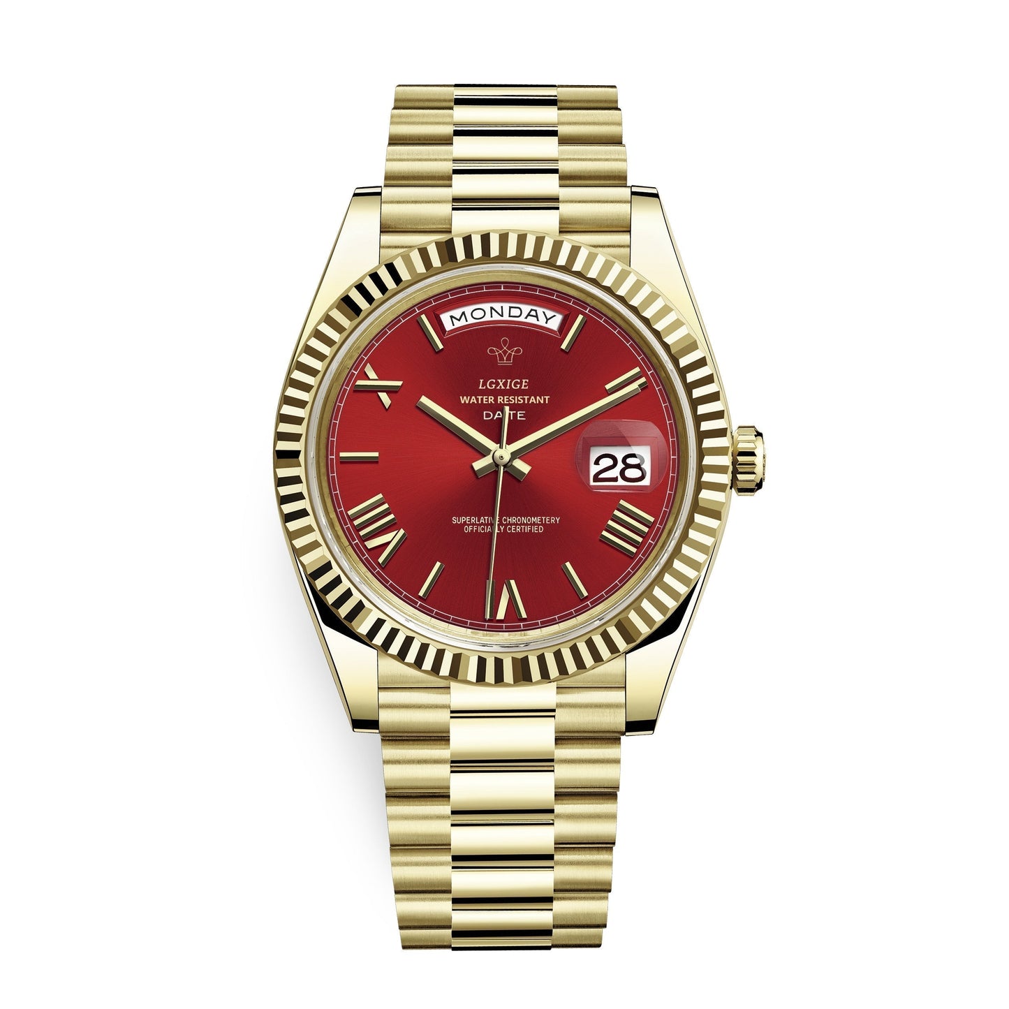 Automatic men's watch featuring a sleek stainless steel case, scratch-resistant glass, and a day and date display for modern functionality. 4