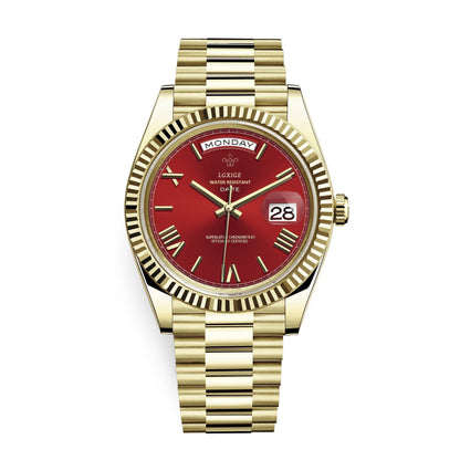 Automatic men's watch featuring a sleek stainless steel case, scratch-resistant glass, and a day and date display for modern functionality. 4