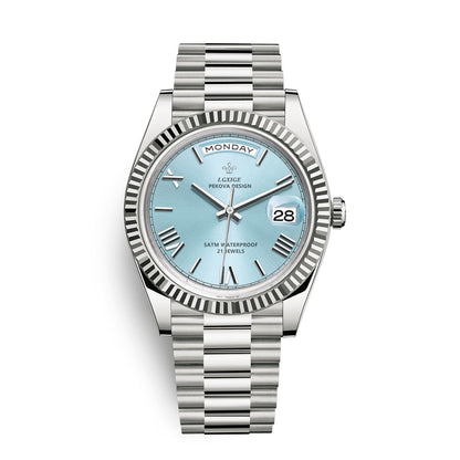 Automatic men's watch featuring a sleek stainless steel case, scratch-resistant glass, and a day and date display for modern functionality. 0