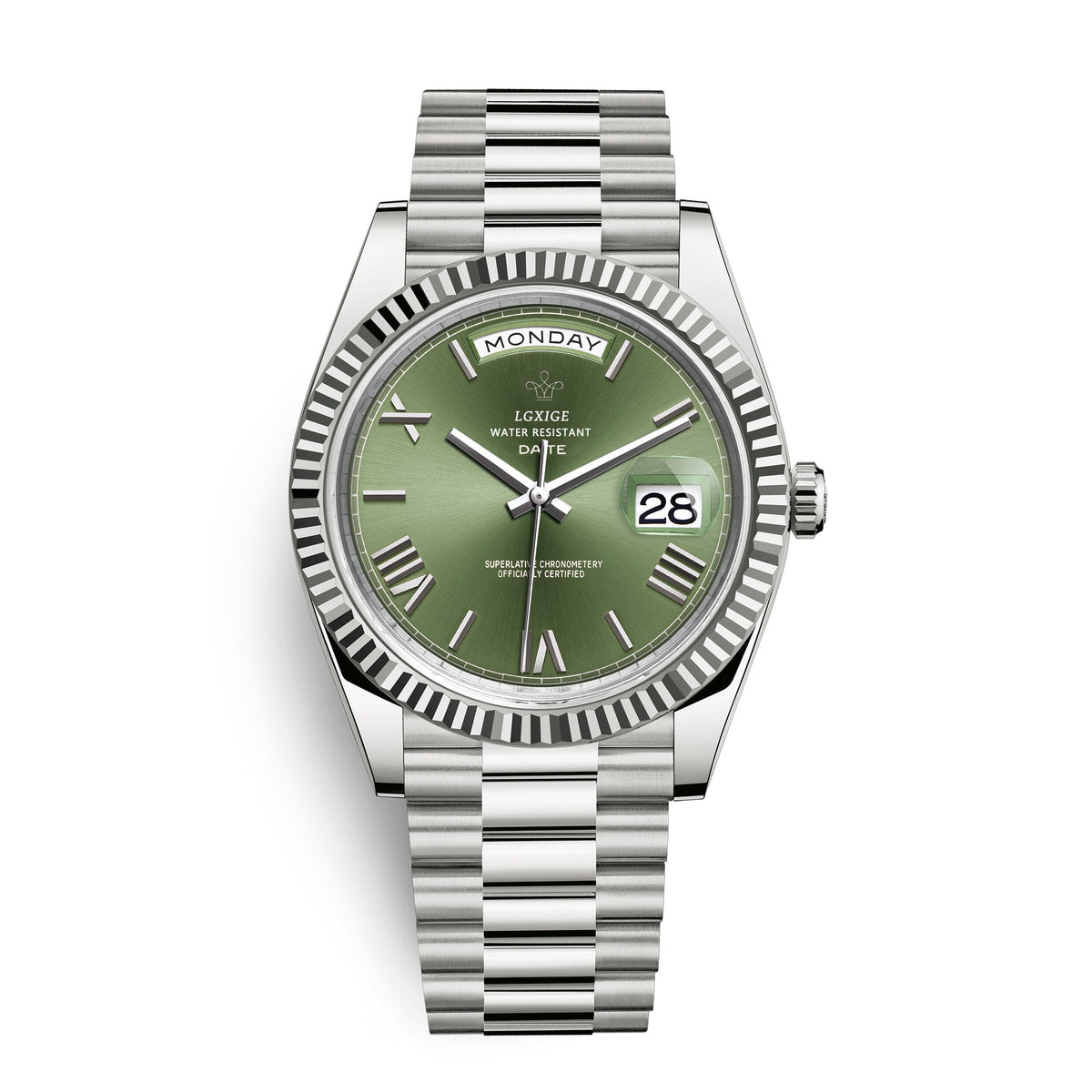 Automatic watch featuring a stainless steel case, scratch-resistant glass, and a day and date function, perfect for stylish and practical timekeeping. 11