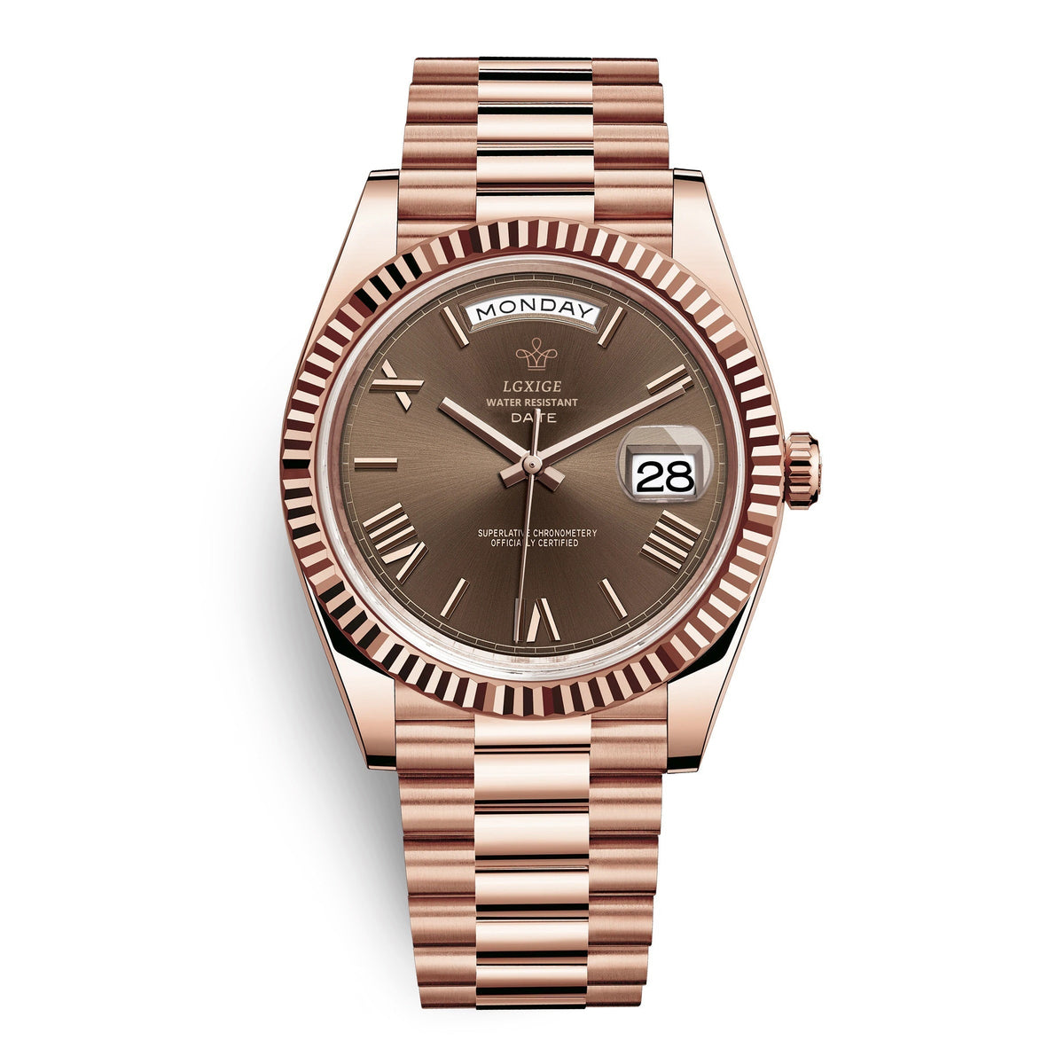 Automatic watch featuring a stainless steel case, scratch-resistant glass, and a day and date function, perfect for stylish and practical timekeeping. 2