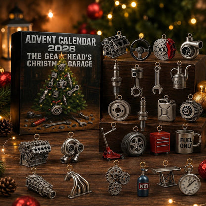 Automotive Advent Calendar 2026 featuring 24 decorative garage surprises and car-themed ornaments for a festive countdown to Christmas. 0