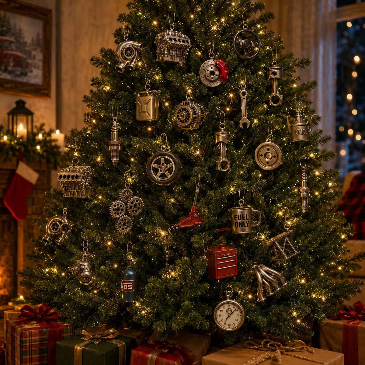 Automotive Advent Calendar 2026 featuring 24 decorative garage surprises and car-themed ornaments for a festive countdown to Christmas. 1