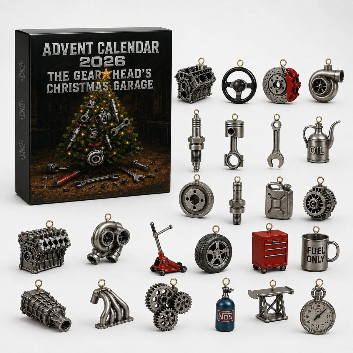Automotive Advent Calendar 2026 featuring 24 decorative garage surprises and car-themed ornaments for a festive countdown to Christmas. 2