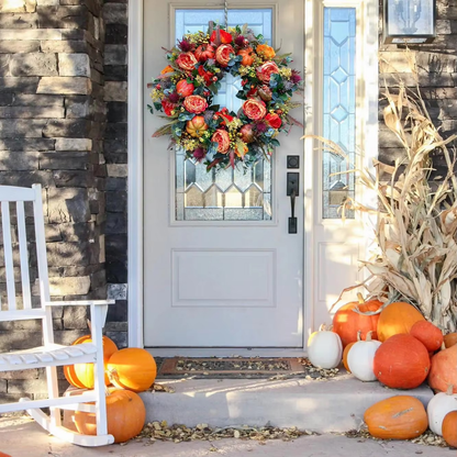 Autumn wreath featuring vibrant peony flowers and decorative pumpkins, measuring 40 cm, perfect for rustic fall door decoration. 1