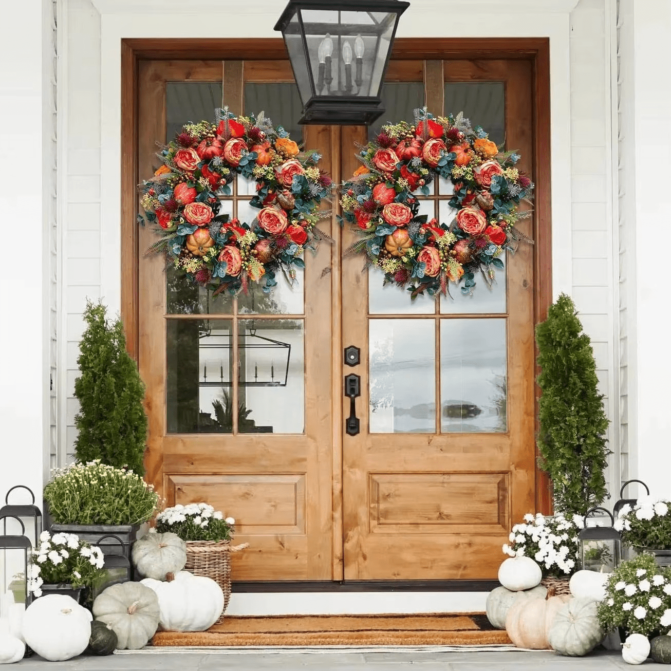 Autumn wreath featuring vibrant peony flowers and decorative pumpkins, measuring 40 cm, perfect for rustic fall door decoration. 2