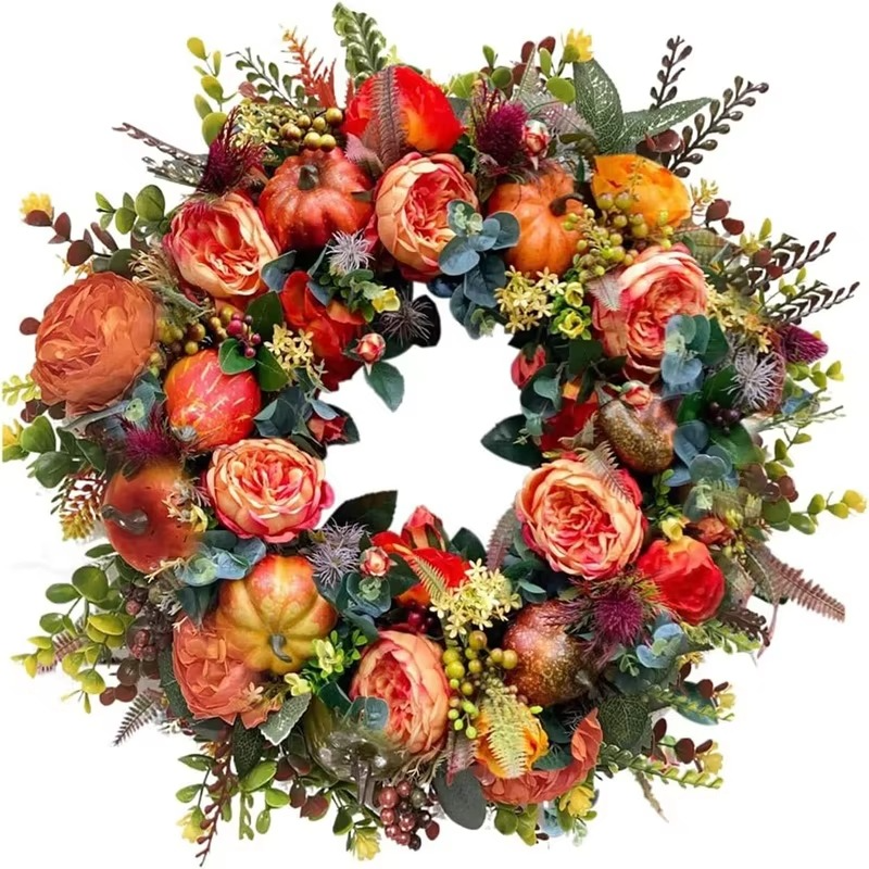 Autumn wreath featuring vibrant peony flowers and decorative pumpkins, measuring 40 cm, perfect for rustic fall door decoration. 0