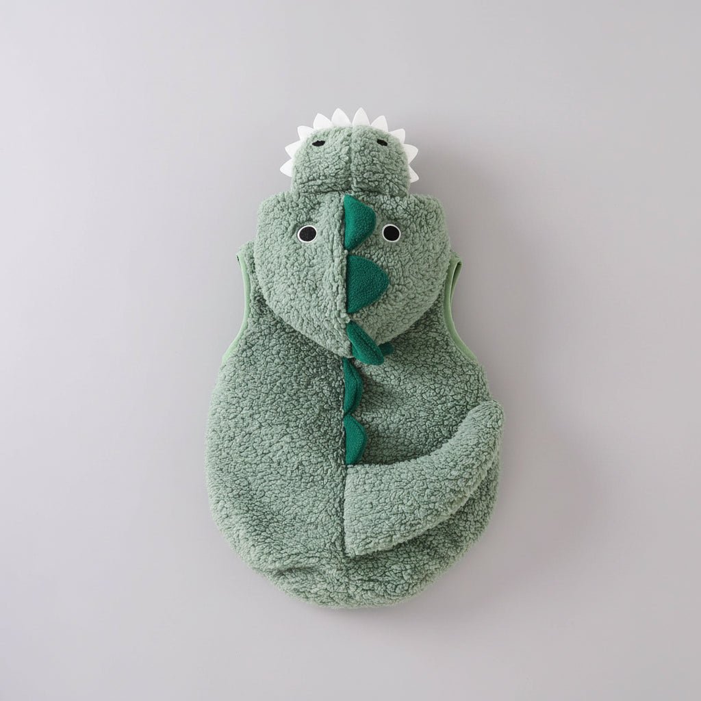 Plush baby dinosaur costume romper with hood for toddlers, perfect for Halloween and parties, featuring a sleeveless design and vibrant colors. 2