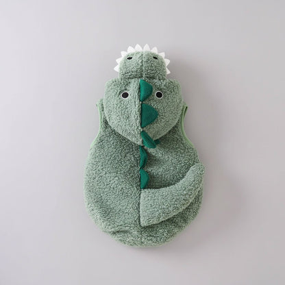 Plush baby dinosaur costume romper with hood for toddlers, perfect for Halloween and parties, featuring a sleeveless design and vibrant colors. 2