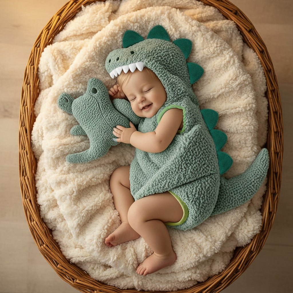 Plush baby dinosaur costume romper with hood for toddlers, perfect for Halloween and parties, featuring a sleeveless design and vibrant colors. 0