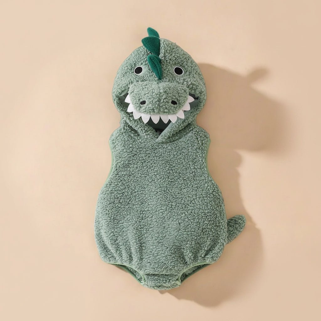 Plush baby dinosaur costume romper with hood for toddlers, perfect for Halloween and parties, featuring a sleeveless design and vibrant colors. 1