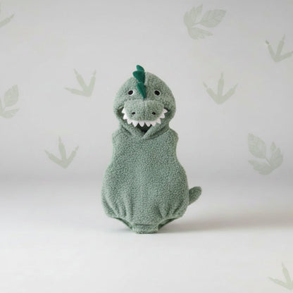 Plush baby dinosaur costume romper with hood for toddlers, perfect for Halloween and parties, featuring a sleeveless design and vibrant colors. 3