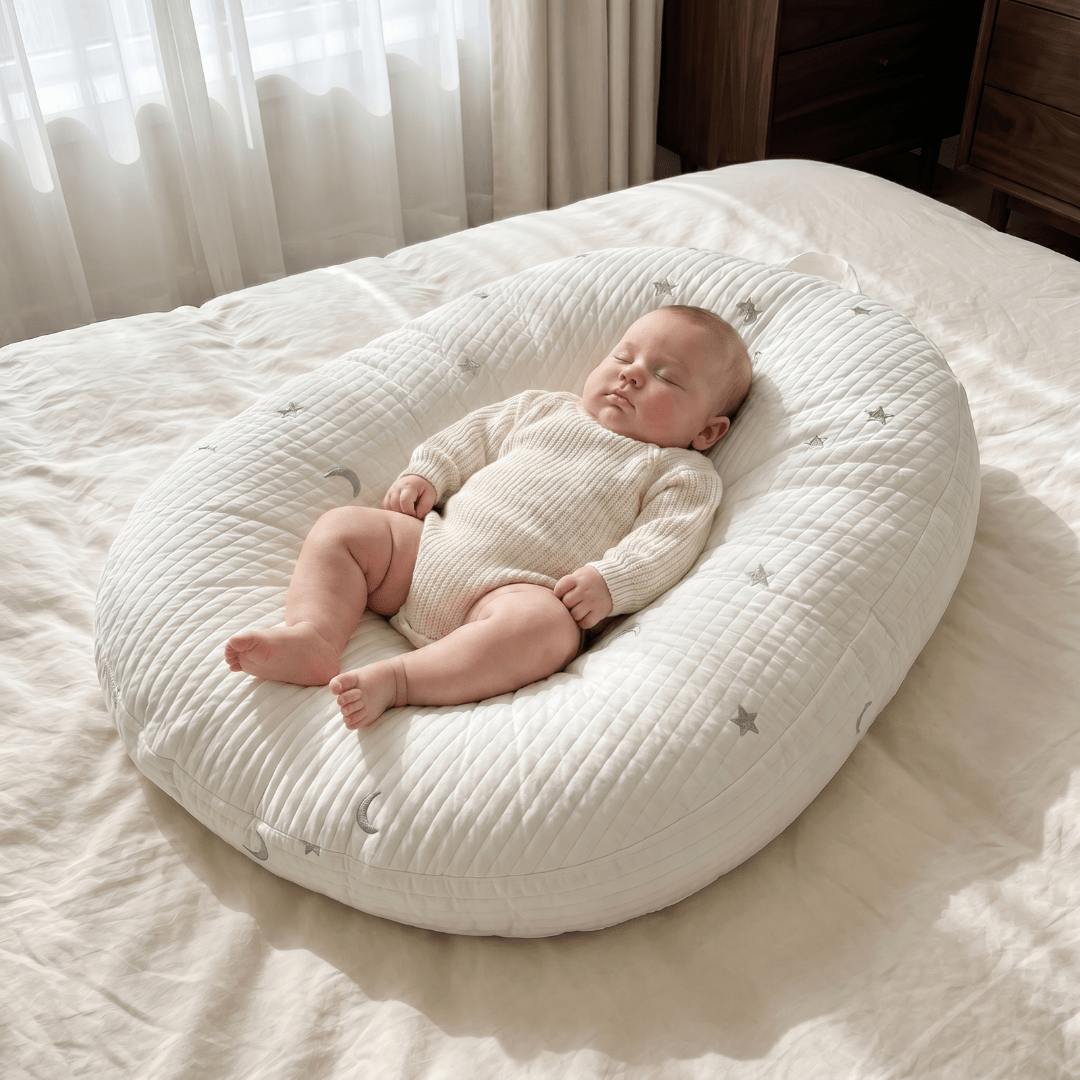 Baby lounger featuring ergonomic support, made with breathable cotton fabric, designed in a soft nest shape for optimal comfort and safety for infants. 4
