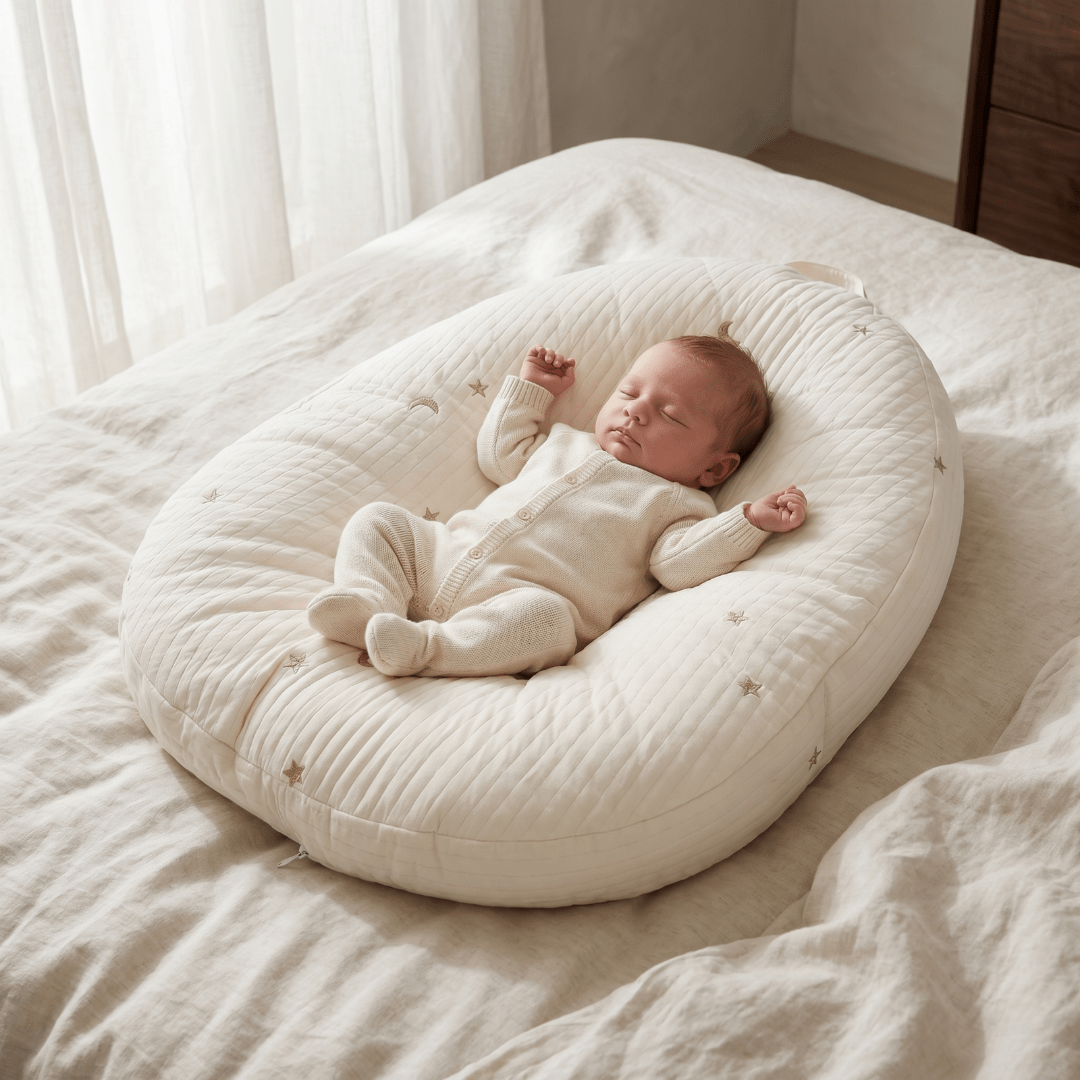 Baby lounger featuring ergonomic support, made with breathable cotton fabric, designed in a soft nest shape for optimal comfort and safety for infants. 0