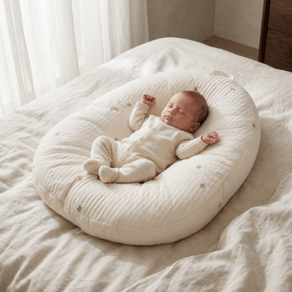 Baby lounger featuring ergonomic support, made with breathable cotton fabric, designed in a soft nest shape for optimal comfort and safety for infants. 0