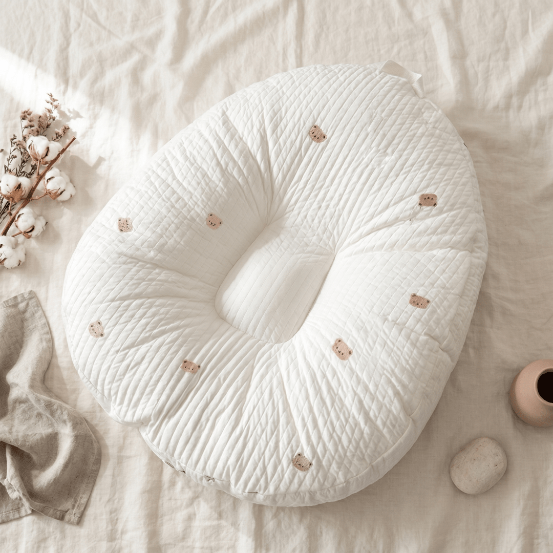Baby lounger featuring ergonomic support, made with breathable cotton fabric, designed in a soft nest shape for optimal comfort and safety for infants. 3