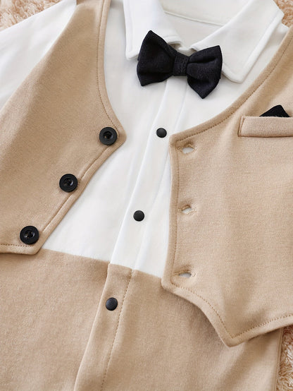 Baby romper featuring a stylish bow tie and cardigan design, made from soft cotton, perfect for special occasions and ensuring comfort for infants. 3