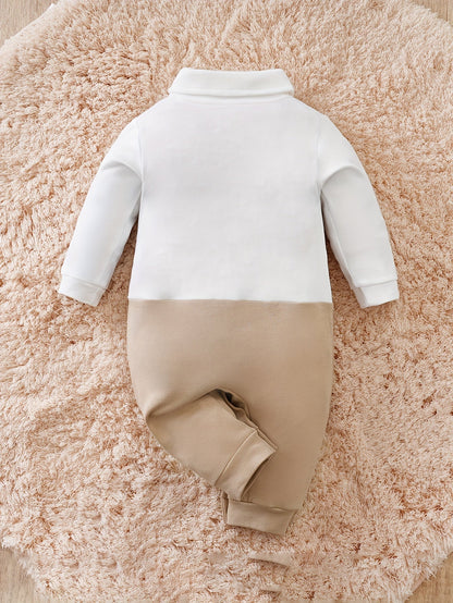 Baby romper featuring a stylish bow tie and cardigan design, made from soft cotton, perfect for special occasions and ensuring comfort for infants. 1