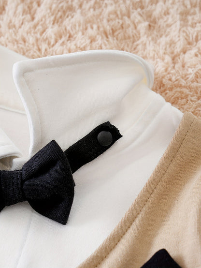 Baby romper featuring a stylish bow tie and cardigan design, made from soft cotton, perfect for special occasions and ensuring comfort for infants. 4