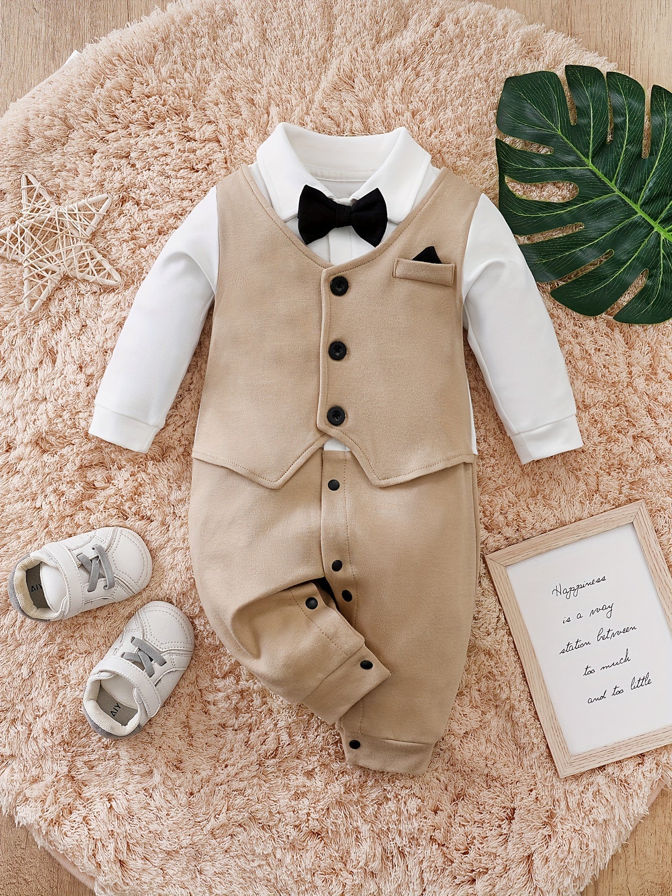 Baby romper featuring a stylish bow tie and cardigan design, made from soft cotton, perfect for special occasions and ensuring comfort for infants. 0